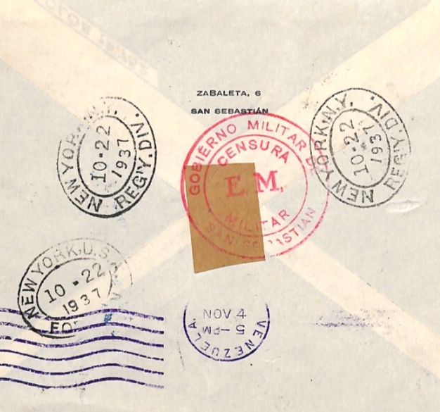 SPAIN Cover SPANISH CIVIL WAR Cover VENEZUELA MAIL Reg CENSOR 1937 Caracas YH201 - Image 6