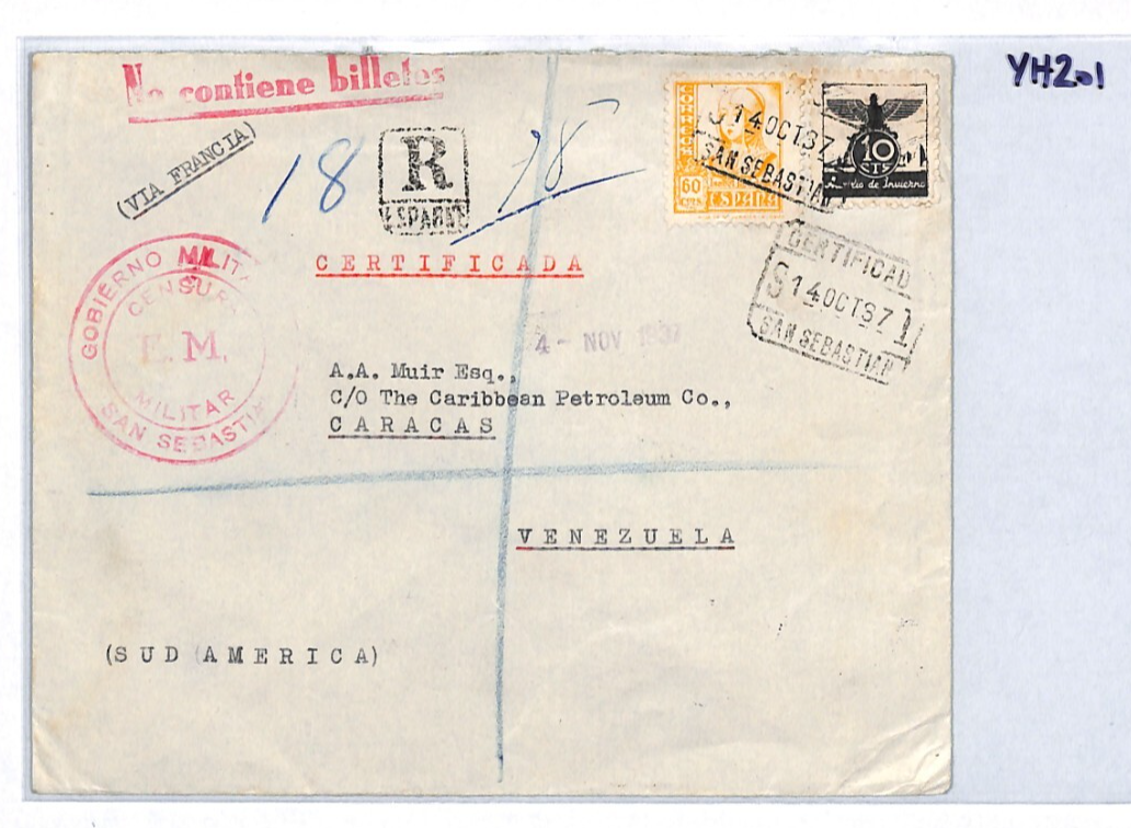 SPAIN Cover SPANISH CIVIL WAR Cover VENEZUELA MAIL Reg CENSOR 1937 Caracas YH201 - Image 7
