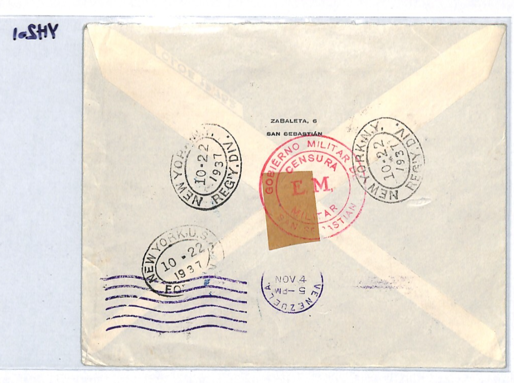 SPAIN Cover SPANISH CIVIL WAR Cover VENEZUELA MAIL Reg CENSOR 1937 Caracas YH201 - Image 9