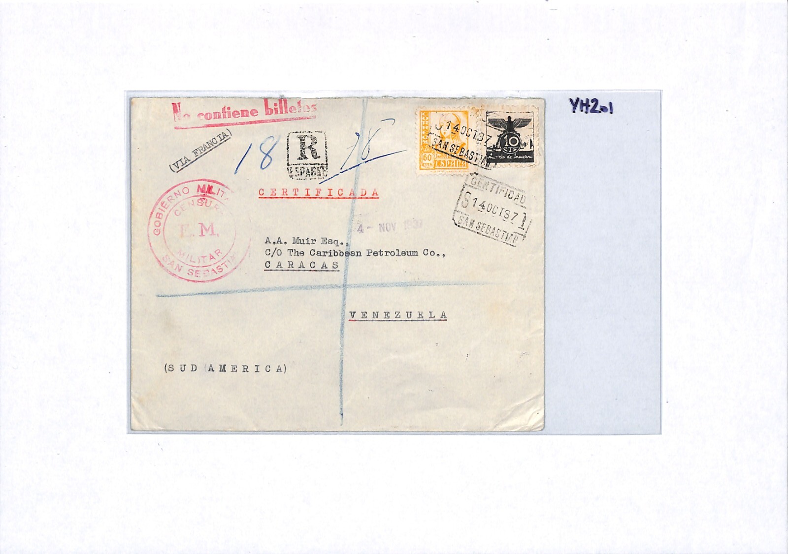 SPAIN Cover SPANISH CIVIL WAR Cover VENEZUELA MAIL Reg CENSOR 1937 Caracas YH201 - Image 10