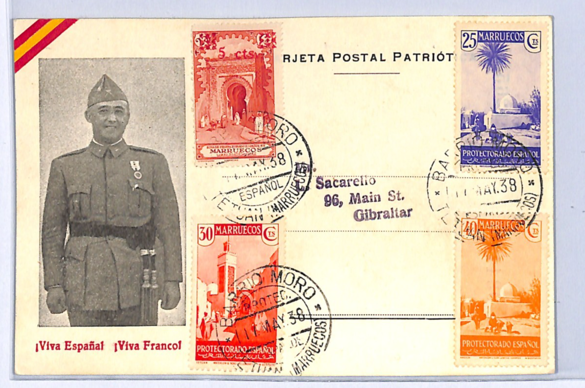 SPANISH MOROCCO Card PROPAGANDA Illustrated FRANCO Barrio Gibraltar 1938 WG155