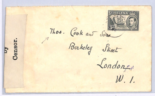 ST HELENA KGVI WW2 Cover RARE*CENSOR* Non-Philatelic WARTIME THOS COOK MAIL XW35
