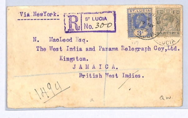ST LUCIA Cover KGV 3d 2d Registered Commercial 1922 Jamaica via USA XW309 - Image 4