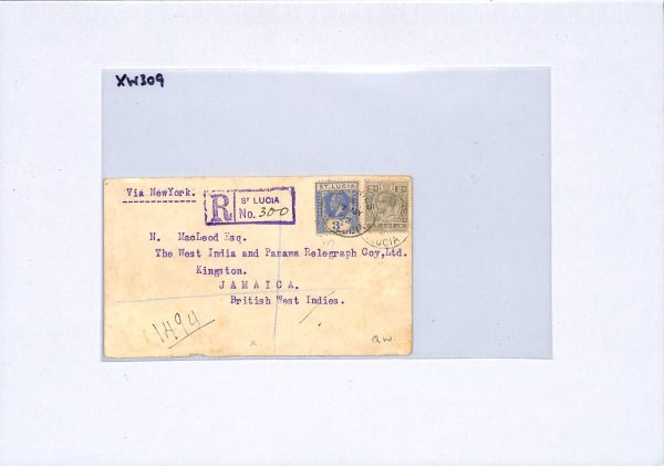 ST LUCIA Cover KGV 3d 2d Registered Commercial 1922 Jamaica via USA XW309 - Image 9