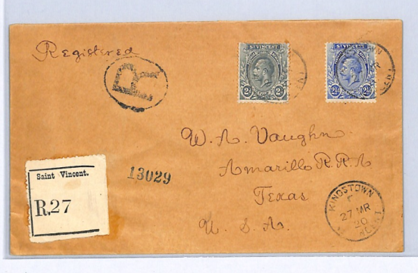 ST VINCENT KGV 2d Grey Cover Reg 1920 Amarillo Texas SG.110 Cat £38x3=£114+XW311 - Image 3