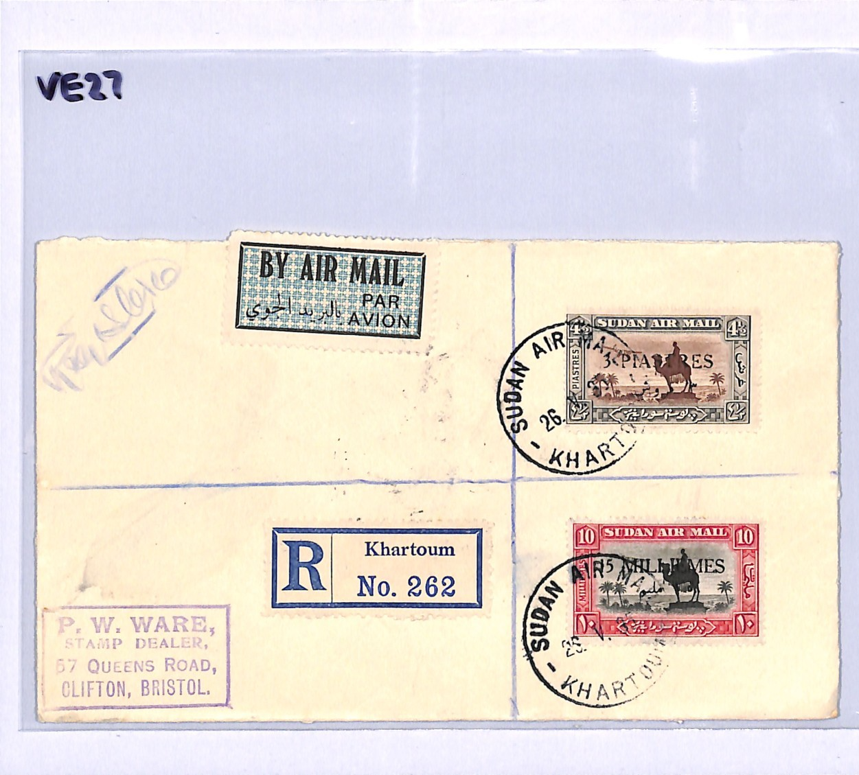 SUDAN Air 1935 Cover *3 PIASTRES* Surcharge CAMEL & AEROPLANE Reg Khartoum VE27 - Image 10