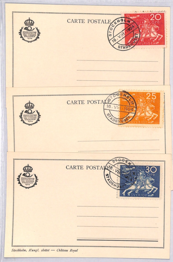 SWEDEN 1924 FDC *UPU* Cards{3} 20o 25o 30o First Day Covers STADSHUSET CDS YG383