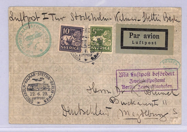 SWEDEN Air Mail 1929 Cover FIRST FLIGHT Berlin Stettin Kalmar {Joffe}WT71 - Image 3