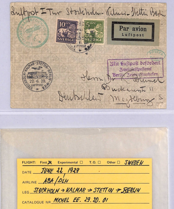 SWEDEN Air Mail 1929 Cover FIRST FLIGHT Berlin Stettin Kalmar {Joffe}WT71 - Image 5