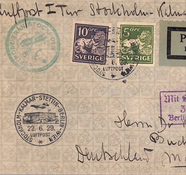 SWEDEN Air Mail 1929 Cover FIRST FLIGHT Berlin Stettin Kalmar {Joffe}WT71