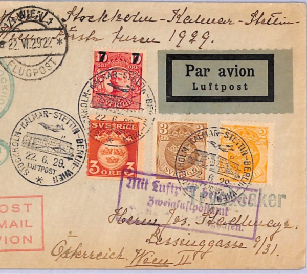 SWEDEN Air Mail 1929 Cover FIRST FLIGHT Vienna via Stettin & Berlin {Joffe}WT67 - Image 3