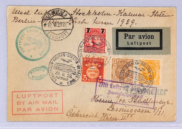 SWEDEN Air Mail 1929 Cover FIRST FLIGHT Vienna via Stettin & Berlin {Joffe}WT67 - Image 4