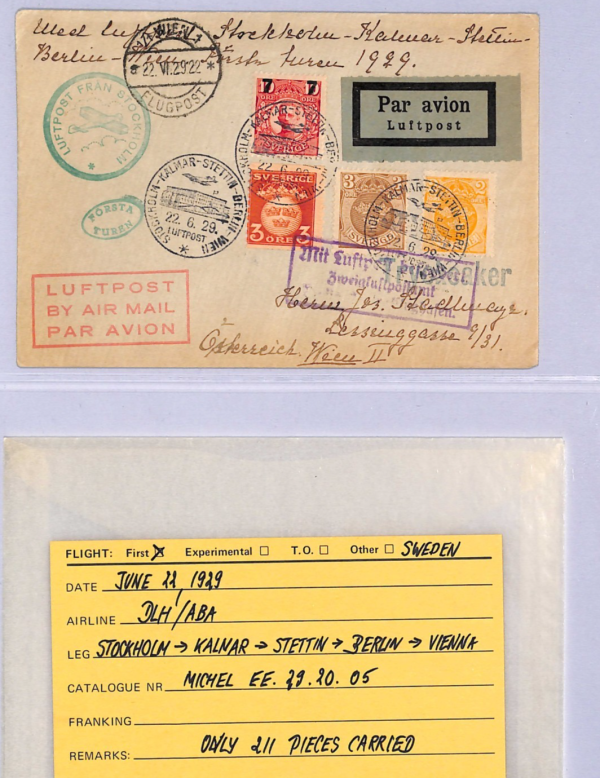SWEDEN Air Mail 1929 Cover FIRST FLIGHT Vienna via Stettin & Berlin {Joffe}WT67 - Image 6