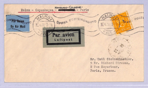 SWEDEN Air Mail 1930 Cover FIRST FLIGHT Malmo Cologne Paris 35o Rate {Joffe}WT68 - Image 3