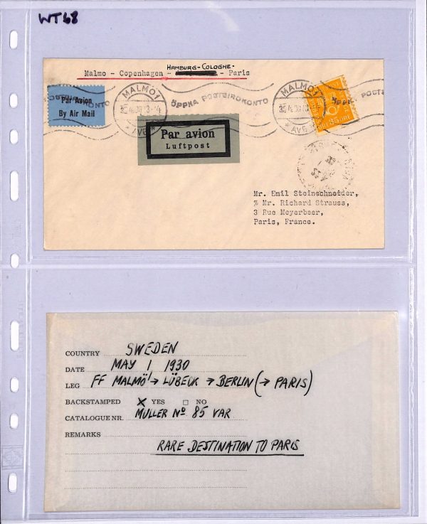 SWEDEN Air Mail 1930 Cover FIRST FLIGHT Malmo Cologne Paris 35o Rate {Joffe}WT68 - Image 5