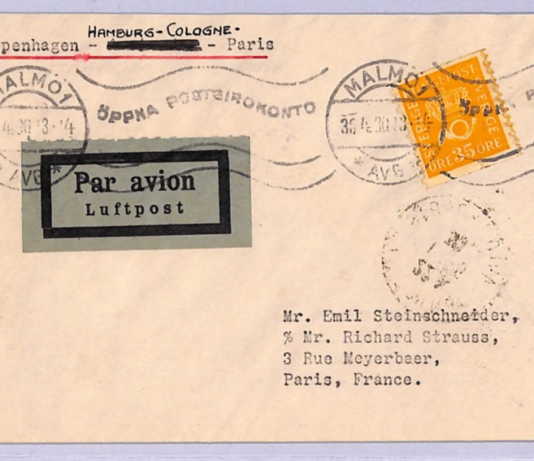 SWEDEN Air Mail 1930 Cover FIRST FLIGHT Malmo Cologne Paris 35o Rate {Joffe}WT68