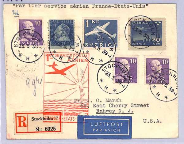 SWEDEN Air Mail 1939 Cover Stockholm FIRST FLIGHT FRANCE-*USA* Rare {Joffe}WT69 - Image 3