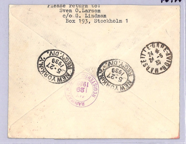 SWEDEN Air Mail 1939 Cover Stockholm FIRST FLIGHT FRANCE-*USA* Rare {Joffe}WT69 - Image 4