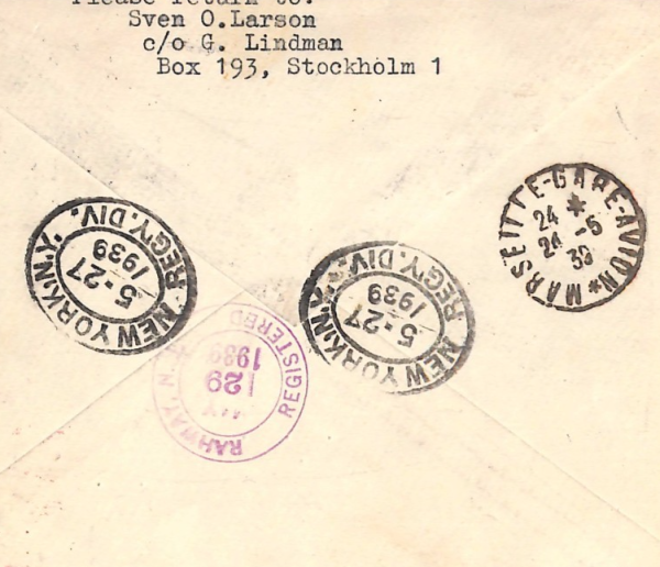 SWEDEN Air Mail 1939 Cover Stockholm FIRST FLIGHT FRANCE-*USA* Rare {Joffe}WT69 - Image 5