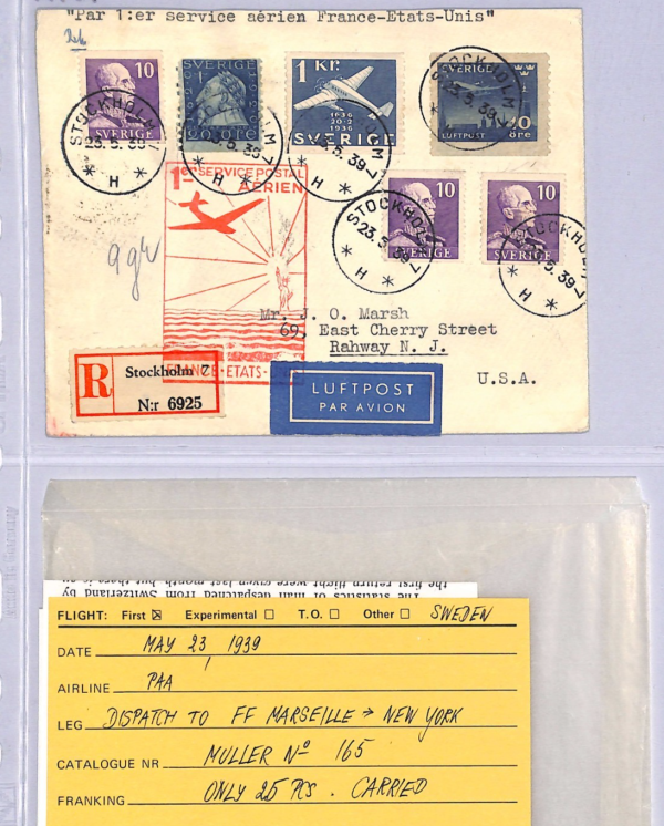 SWEDEN Air Mail 1939 Cover Stockholm FIRST FLIGHT FRANCE-*USA* Rare {Joffe}WT69 - Image 6