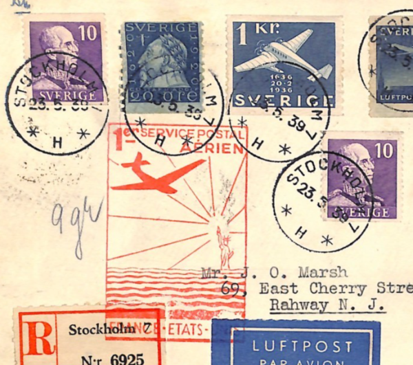 SWEDEN Air Mail 1939 Cover Stockholm FIRST FLIGHT FRANCE-*USA* Rare {Joffe}WT69