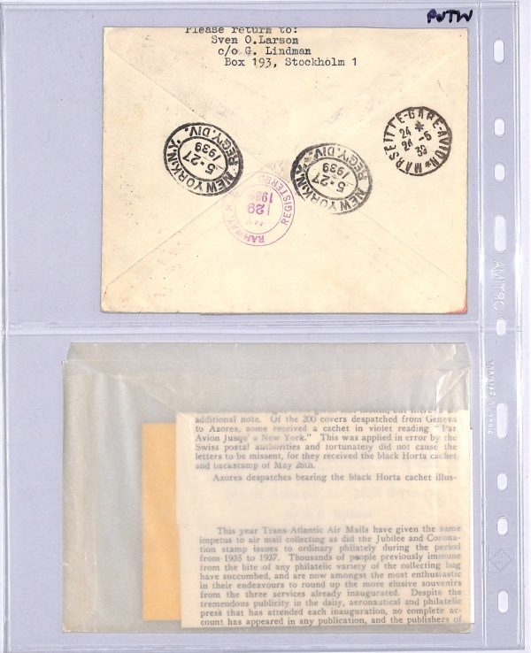 SWEDEN Air Mail 1939 Cover Stockholm FIRST FLIGHT FRANCE-*USA* Rare {Joffe}WT69 - Image 8