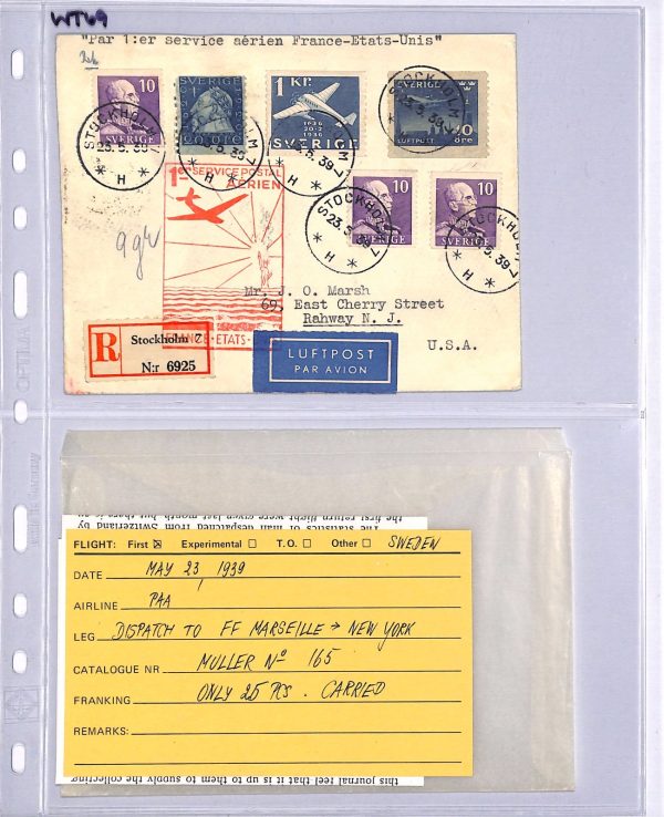 SWEDEN Air Mail 1939 Cover Stockholm FIRST FLIGHT FRANCE-*USA* Rare {Joffe}WT69 - Image 9