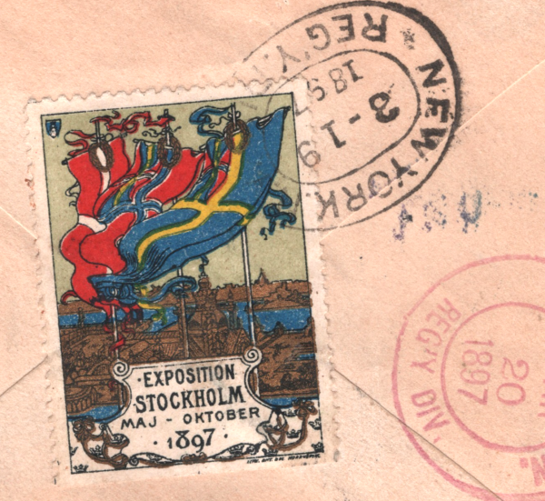 SWEDEN Cover 1897 *EXHIBITION* ADVERT LABEL Stockholm Reg Transatlantic YG401