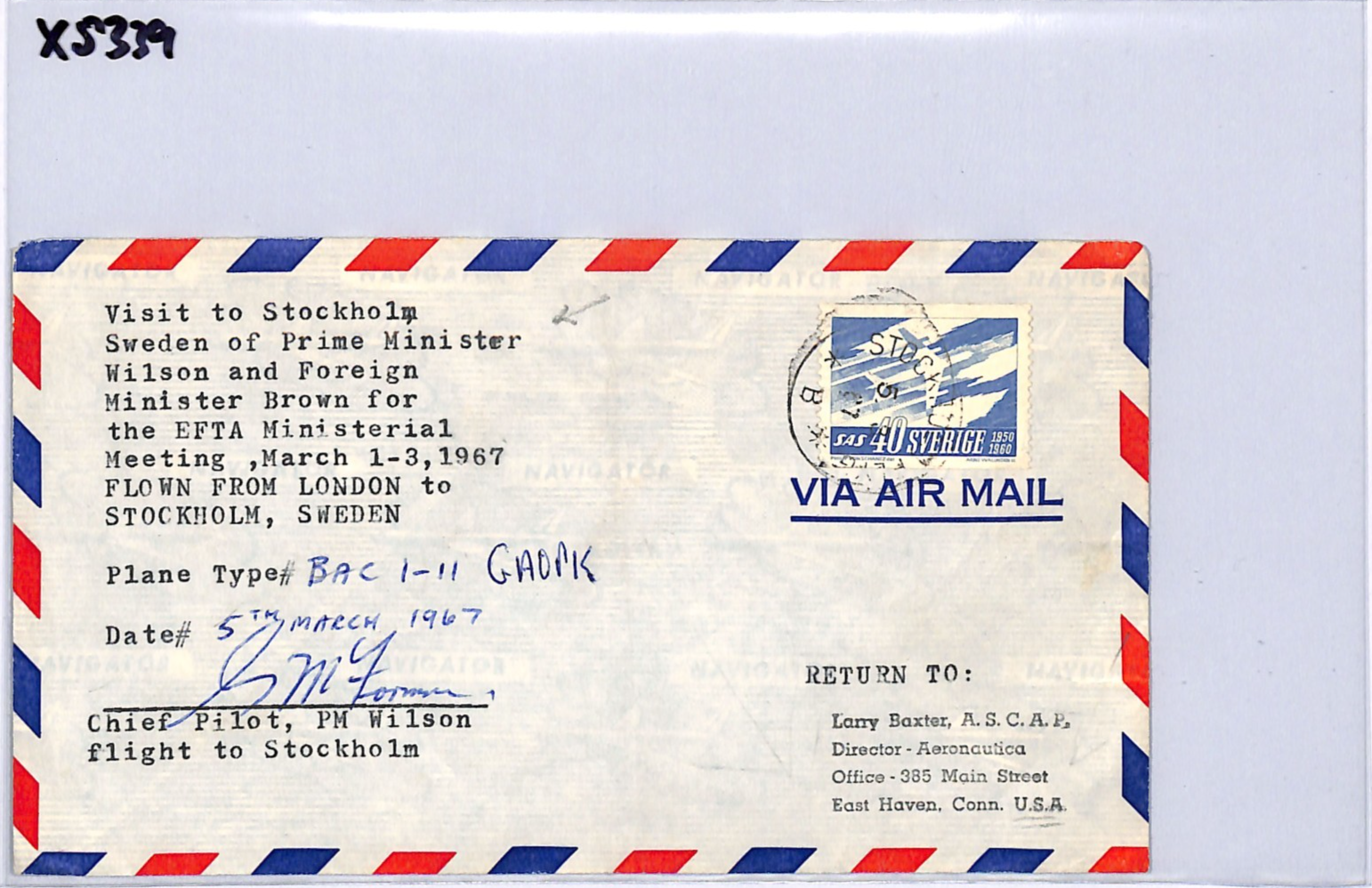 SWEDEN Cover GB PM *HAROLD WILSON* Visit 1967 Flown PILOT SIGNED Air Mail XS339 - Image 10