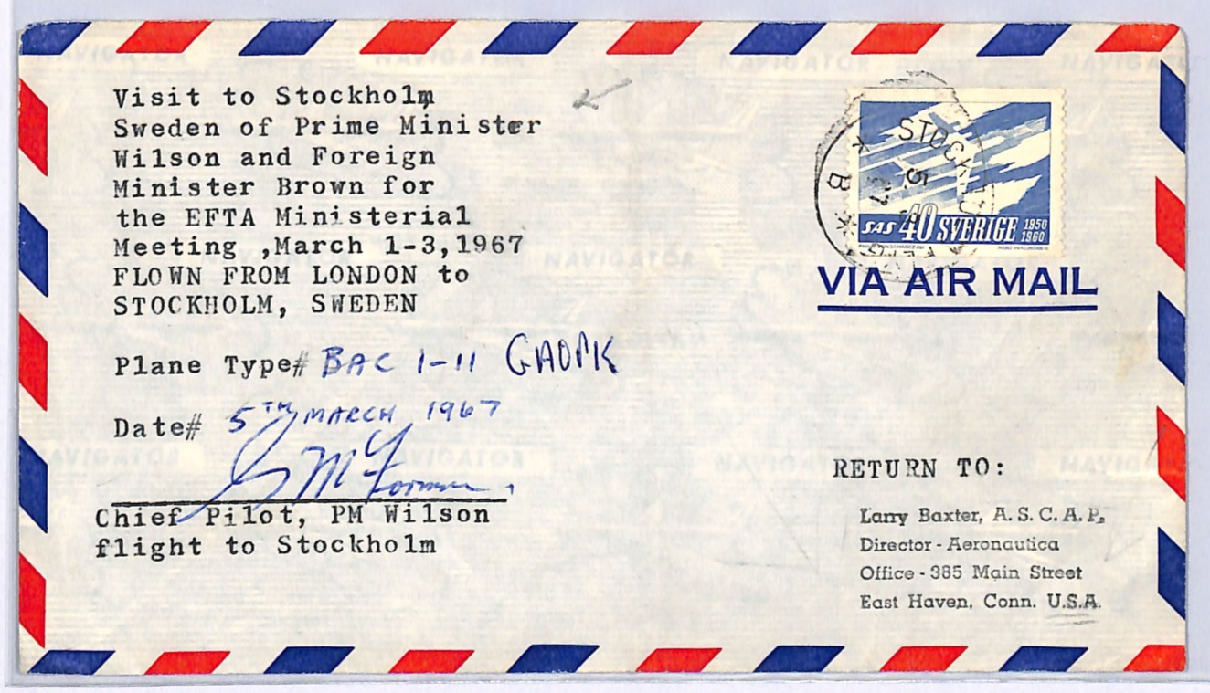 SWEDEN Cover GB PM *HAROLD WILSON* Visit 1967 Flown PILOT SIGNED Air Mail XS339 - Image 2