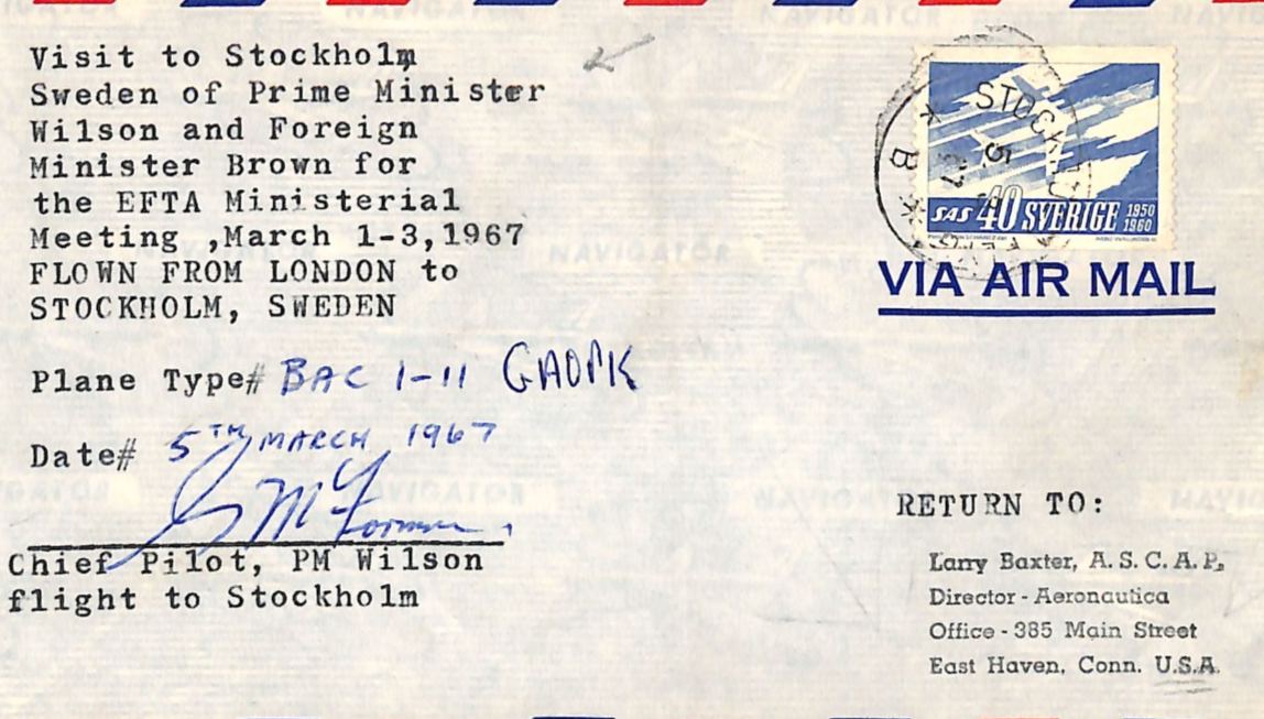 SWEDEN Cover GB PM *HAROLD WILSON* Visit 1967 Flown PILOT SIGNED Air Mail XS339 - Image 6