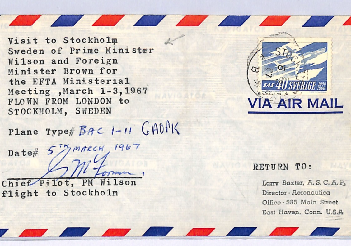 SWEDEN Cover GB PM *HAROLD WILSON* Visit 1967 Flown PILOT SIGNED Air Mail XS339