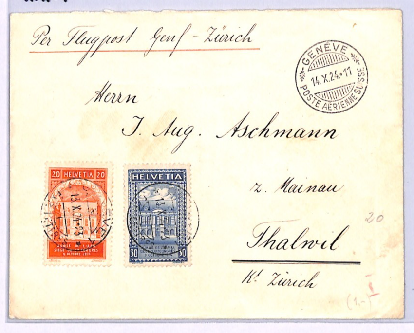 SWITZERLAND 1924 *UPU* Set Air Mail FLIGHT Cover Geneva-Zurich Thalwil XA174 - Image 4
