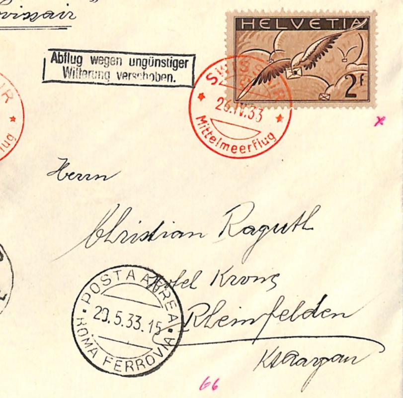 SWITZERLAND Air 2f *HIGH VALUE* Cover SWISSAIR MITTELMEERFLUG 1933 Tunisia WQ132