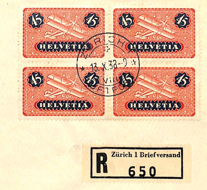 SWITZERLAND Air 45c BLOCK{4} Cover 1938 FIRST FLIGHT SWEDEN Stockholm WQ138