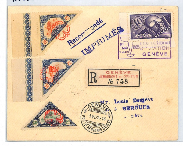 SWITZERLAND Air Cover 1925 AVIATION MEETING Stamps *Geneva Aerodrome* Reg XT239