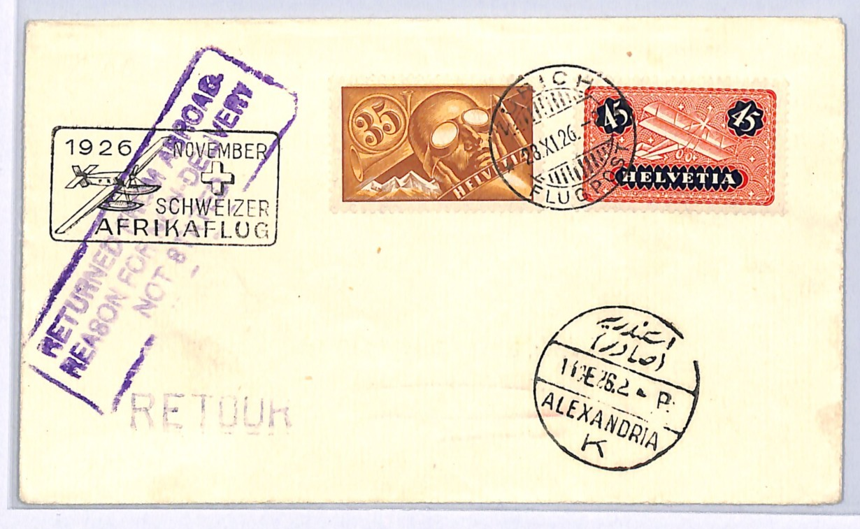 SWITZERLAND Air Cover 1926 *SCWEIZER AFRIKAFLUG* EGYPT Alexandria Retour WQ7 - Image 3