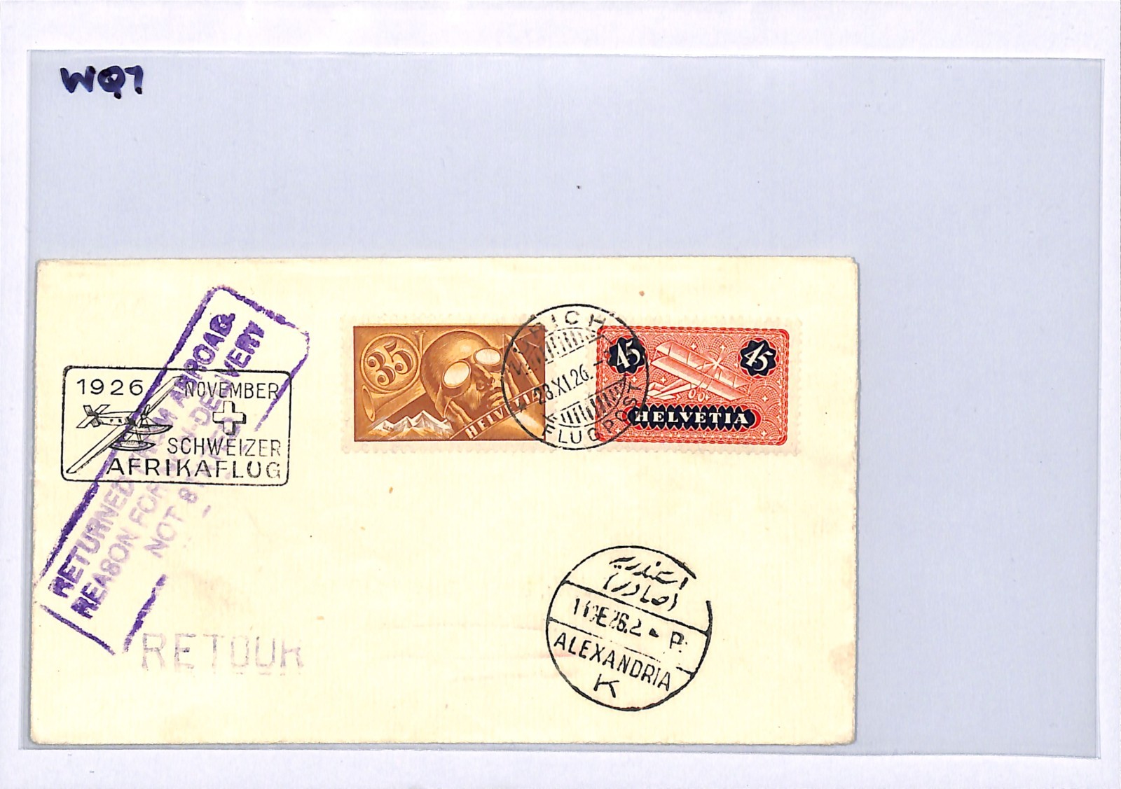 SWITZERLAND Air Cover 1926 *SCWEIZER AFRIKAFLUG* EGYPT Alexandria Retour WQ7 - Image 5