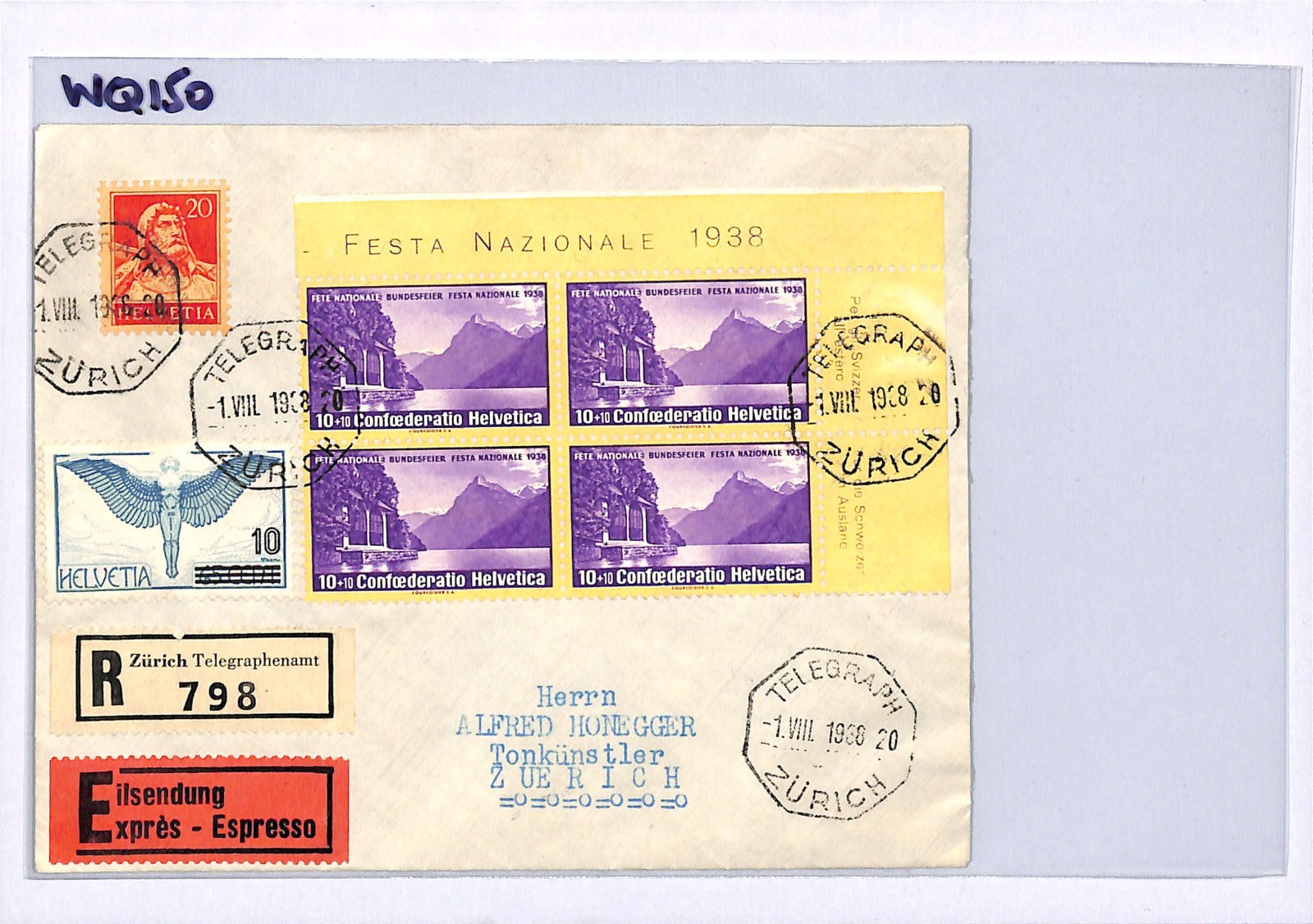 SWITZERLAND Air EXPRESS Cover TELEGRAPH 1938 Octagon FESTA NAZIONALE Block WQ150 - Image 4