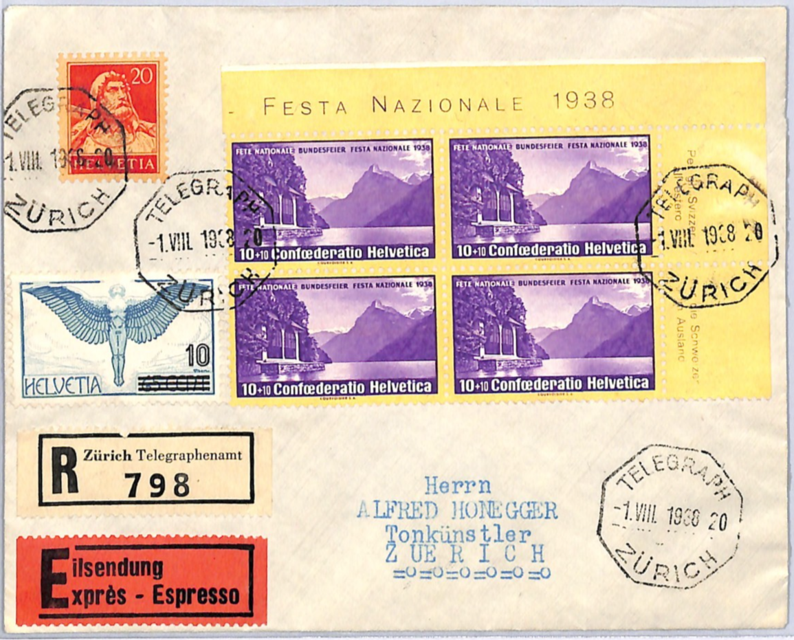 SWITZERLAND Air EXPRESS Cover TELEGRAPH 1938 Octagon FESTA NAZIONALE Block WQ150
