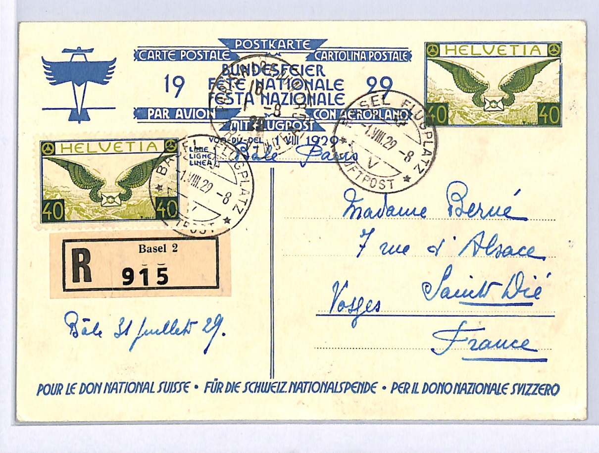 SWITZERLAND Air Mail 40c + 40c Die Card 1929 BUNDESFEIER Basel Reg France WQ37