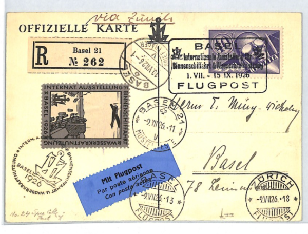 SWITZERLAND Air Mail Card 1926 SCHWEIZER MUSTERMESSE Basel Fair Registered XT244