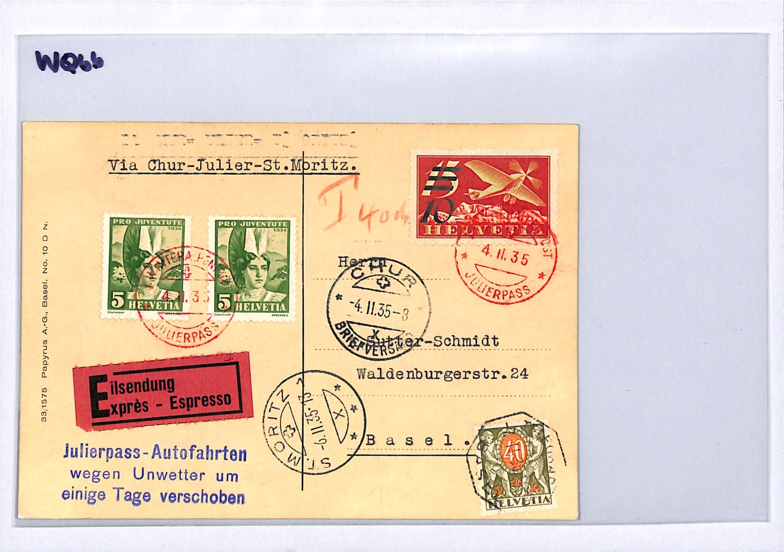 SWITZERLAND Air Mail Card JULIERPASS Weather Delayed WINTERALPENPOST 1935 WQ66 - Image 4