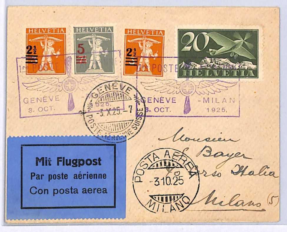 SWITZERLAND Air Mail Cover 1925 FIRST FLIGHT ITALY Milan Geneva {samwells}WQ11 - Image 3