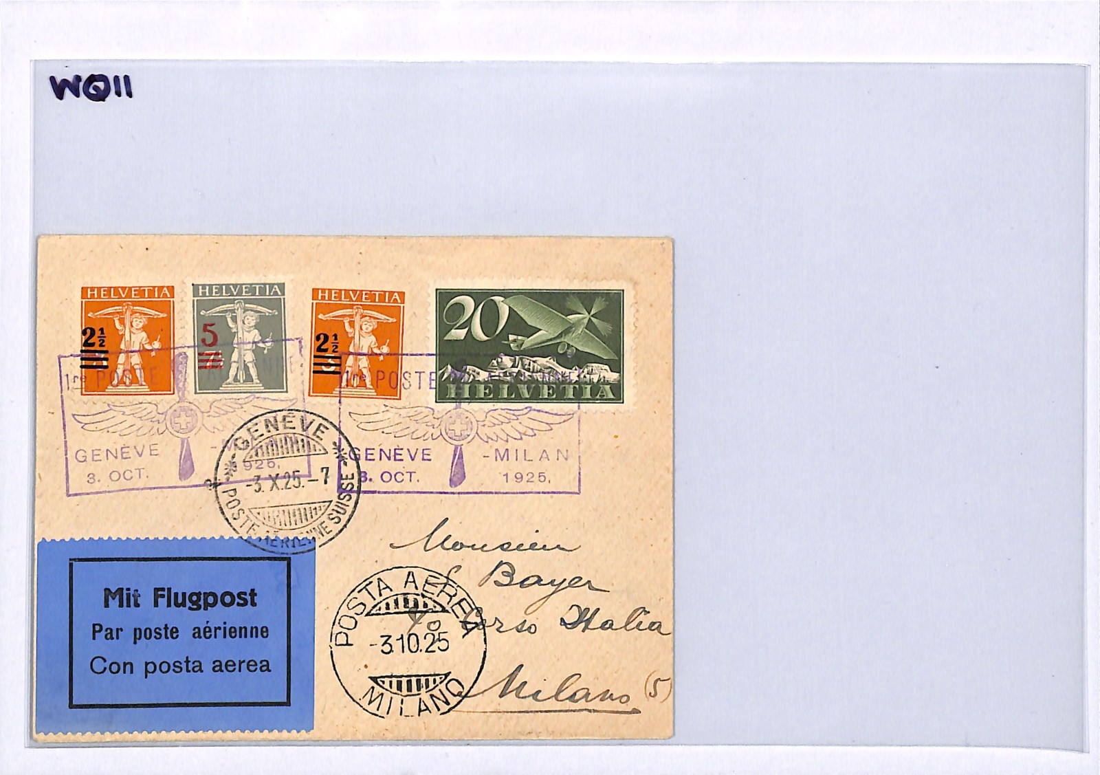 SWITZERLAND Air Mail Cover 1925 FIRST FLIGHT ITALY Milan Geneva {samwells}WQ11 - Image 5
