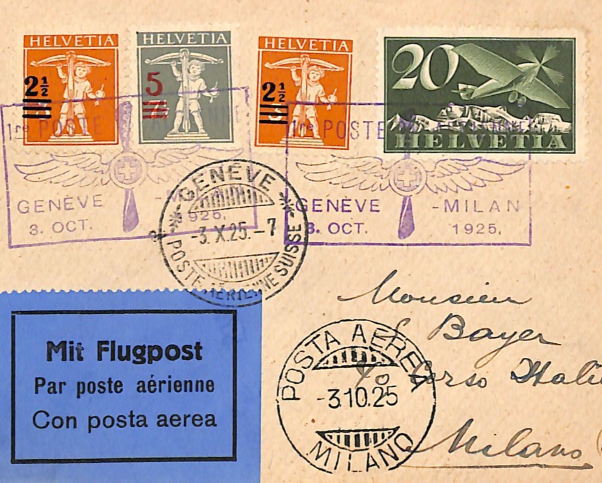 SWITZERLAND Air Mail Cover 1925 FIRST FLIGHT ITALY Milan Geneva {samwells}WQ11