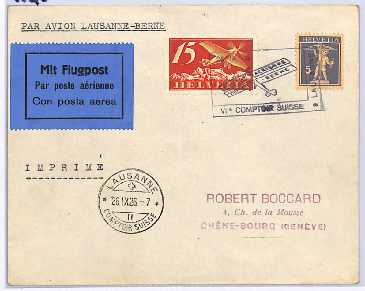 SWITZERLAND Air Mail Cover 1926 COMPTOIR SUISSE Lausanne-Bern{samwells}WQ6 - Image 3