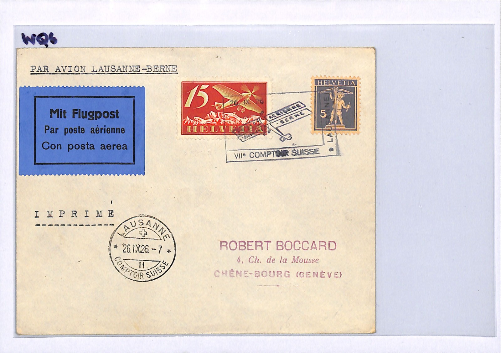SWITZERLAND Air Mail Cover 1926 COMPTOIR SUISSE Lausanne-Bern{samwells}WQ6 - Image 5