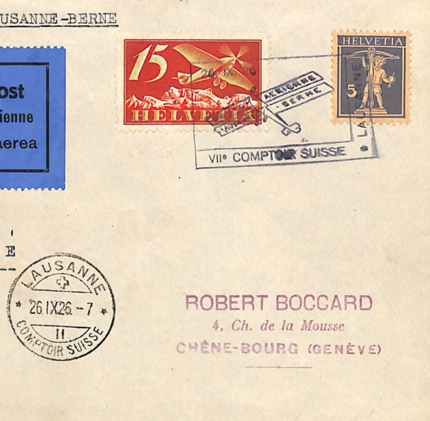 SWITZERLAND Air Mail Cover 1926 COMPTOIR SUISSE Lausanne-Bern{samwells}WQ6