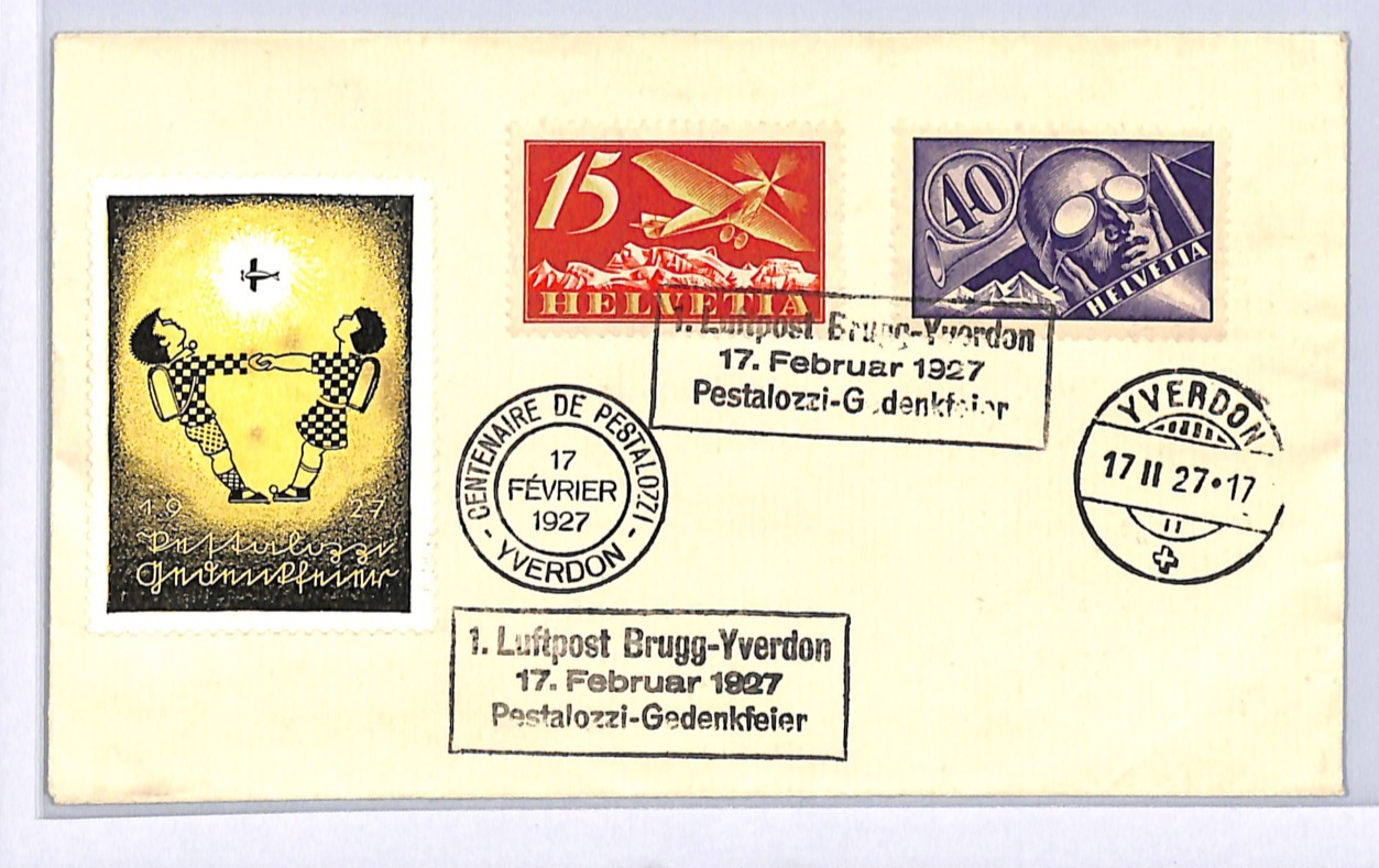 SWITZERLAND Air Mail Cover 1927 FIRST FLIGHT Brugg-Yverdon Pestalozzi WQ117 - Image 3